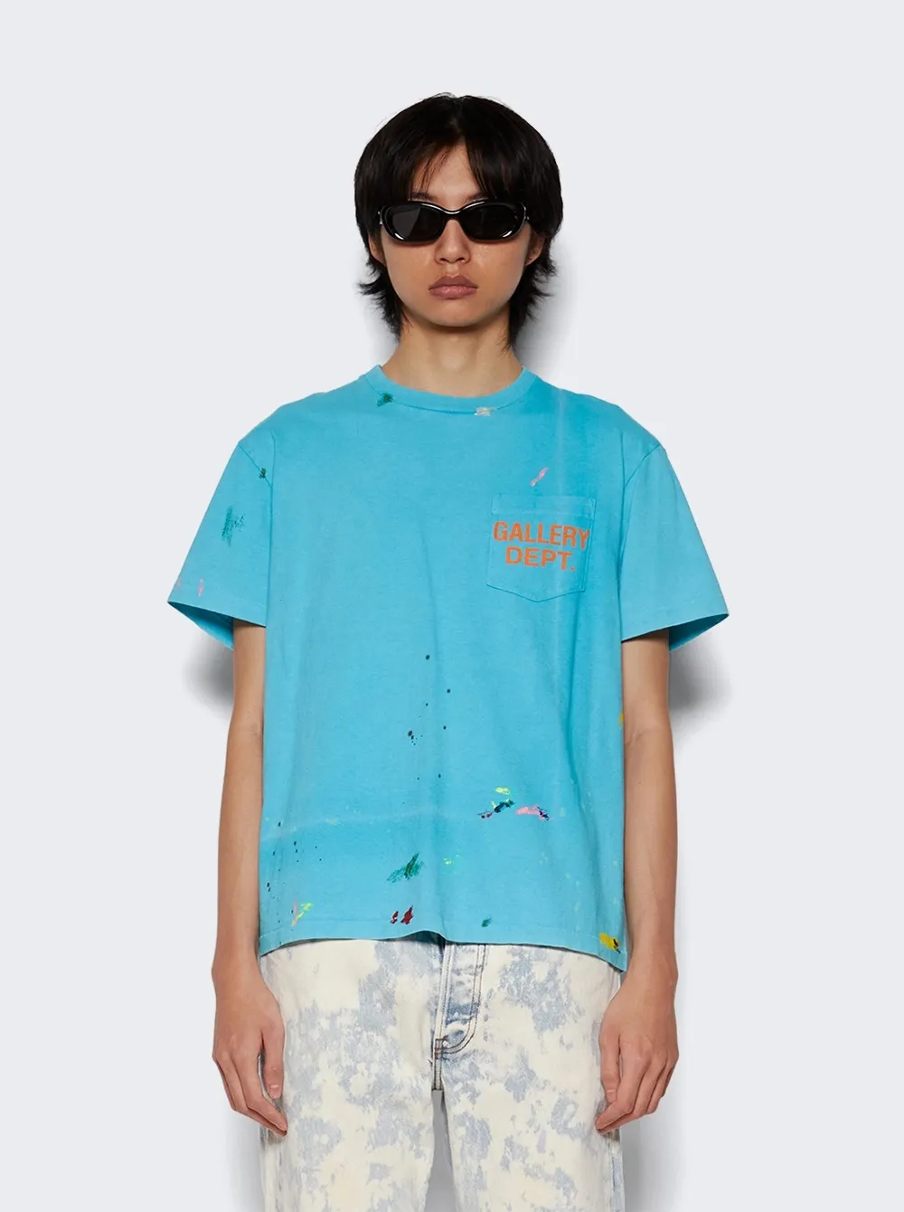 GALLERY DEPT. VINTAGE LOGO PAINTED TEE/Turquoise washed and distressed VINTAGE LOGO retro English pocket short sleeves lake blue S-XL ready-to-wear dyeing, hand-sewn and smeared with horseradish and fried with salt, very heavy industry, manufacturing dark and light fading technology, hand-splashed ink graffiti, genuine acrylic material